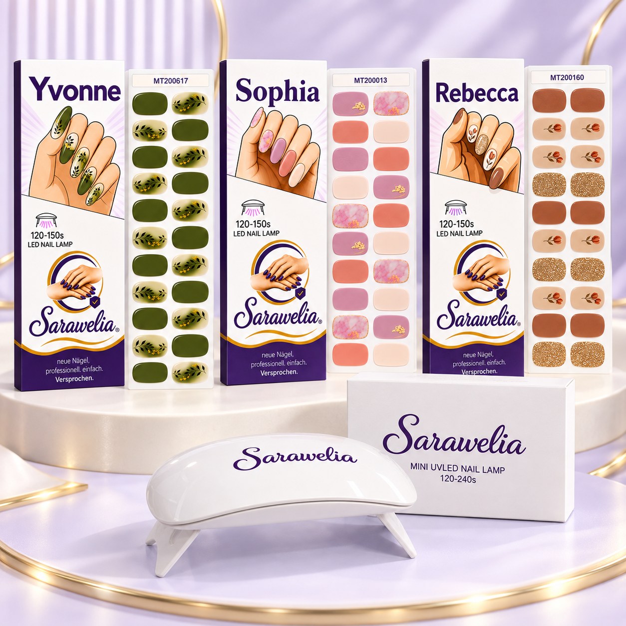 Sarawelia Starterset: drei Nagelfolien-Packungen und die Mini UV-LED-Lampe